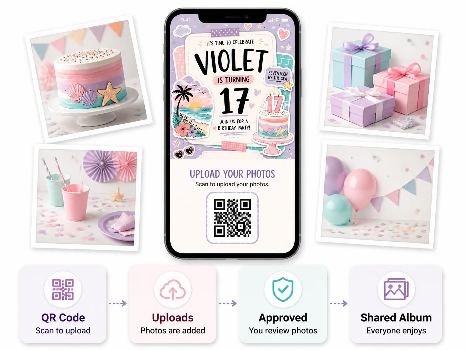The shared photo gallery that comes with the Sunset Beach Pastel 17th Birthday Invitation invitation