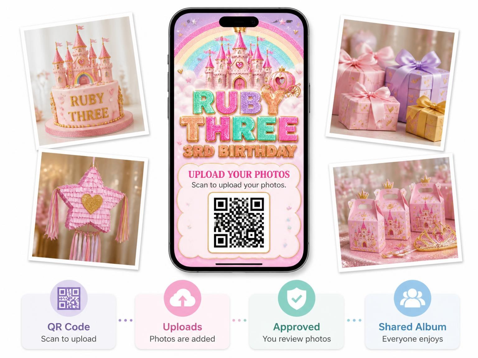 The shared photo gallery that comes with the Glitter Princess Castle 3rd Birthday Invitation invitation