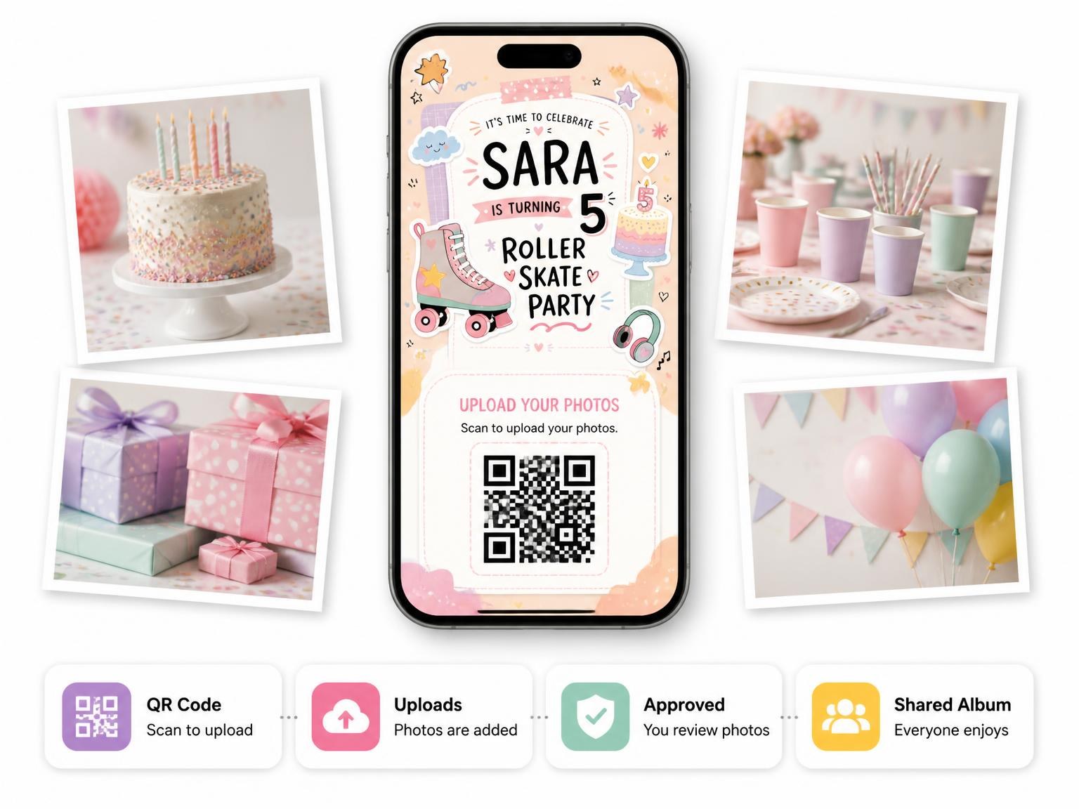 The shared photo gallery that comes with the Roller Skate Pastel 5th Birthday Invitation invitation