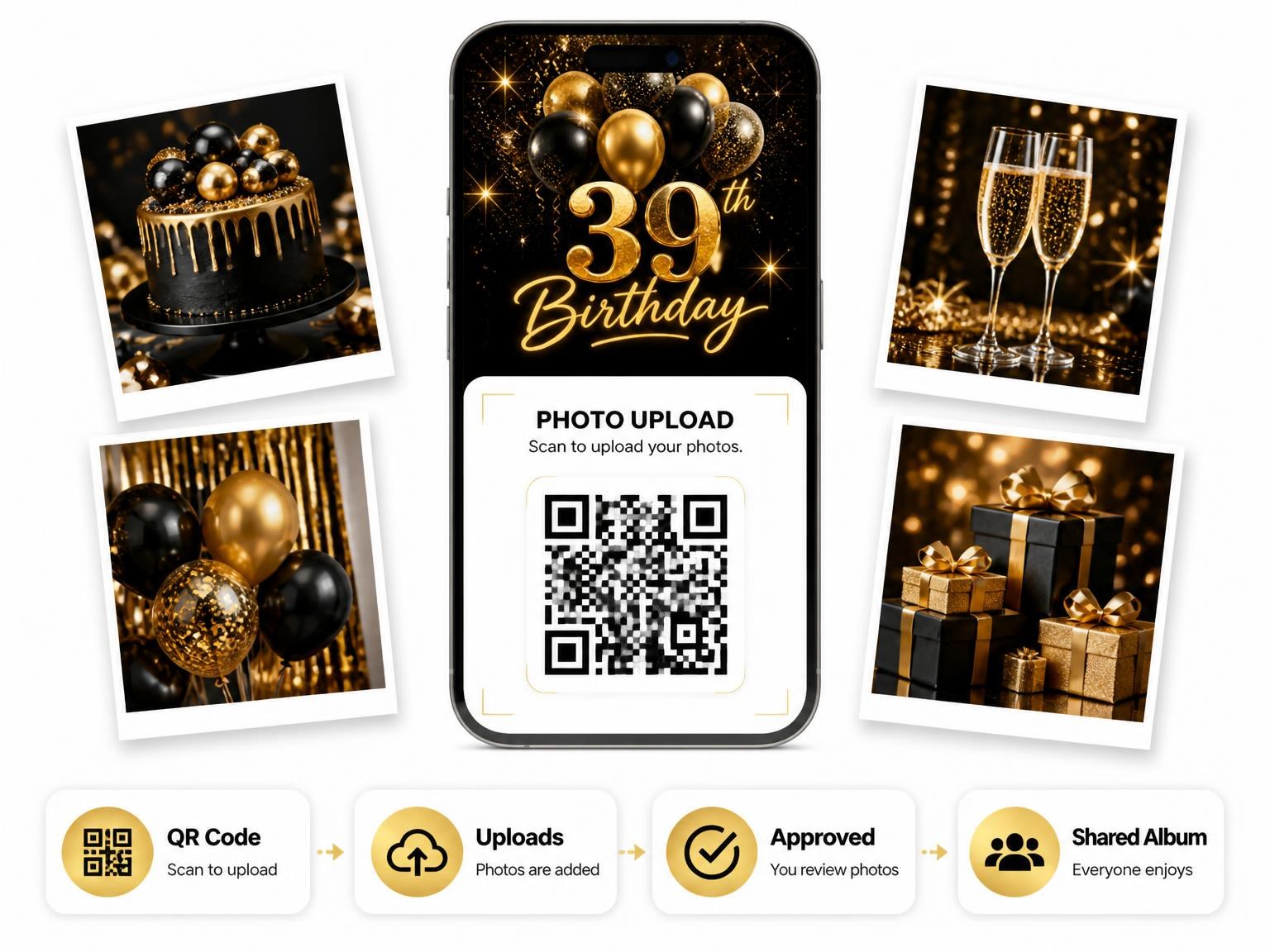 The shared photo gallery that comes with the Black and Gold Balloon 39th Birthday invitation