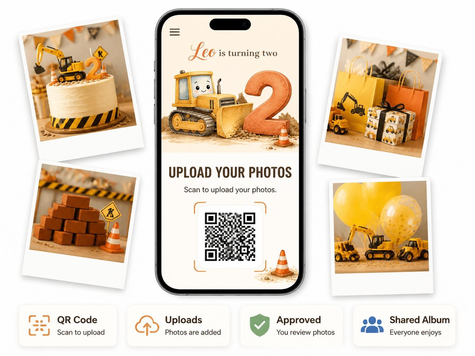 The shared photo gallery that comes with the Watercolor Bulldozer 2nd Birthday Invitation invitation