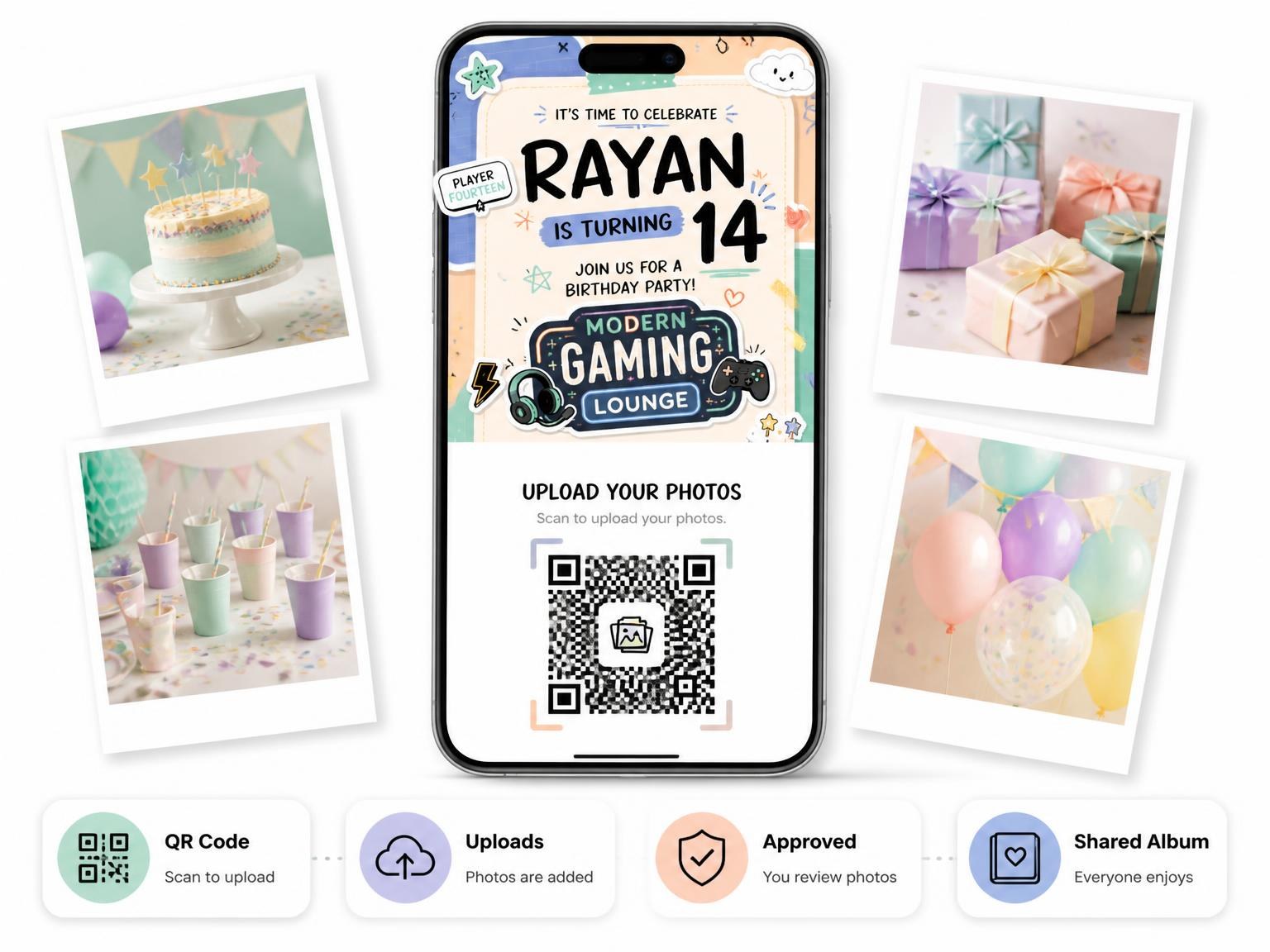 The shared photo gallery that comes with the Gaming Headset Pastel 14th Birthday Invitation invitation