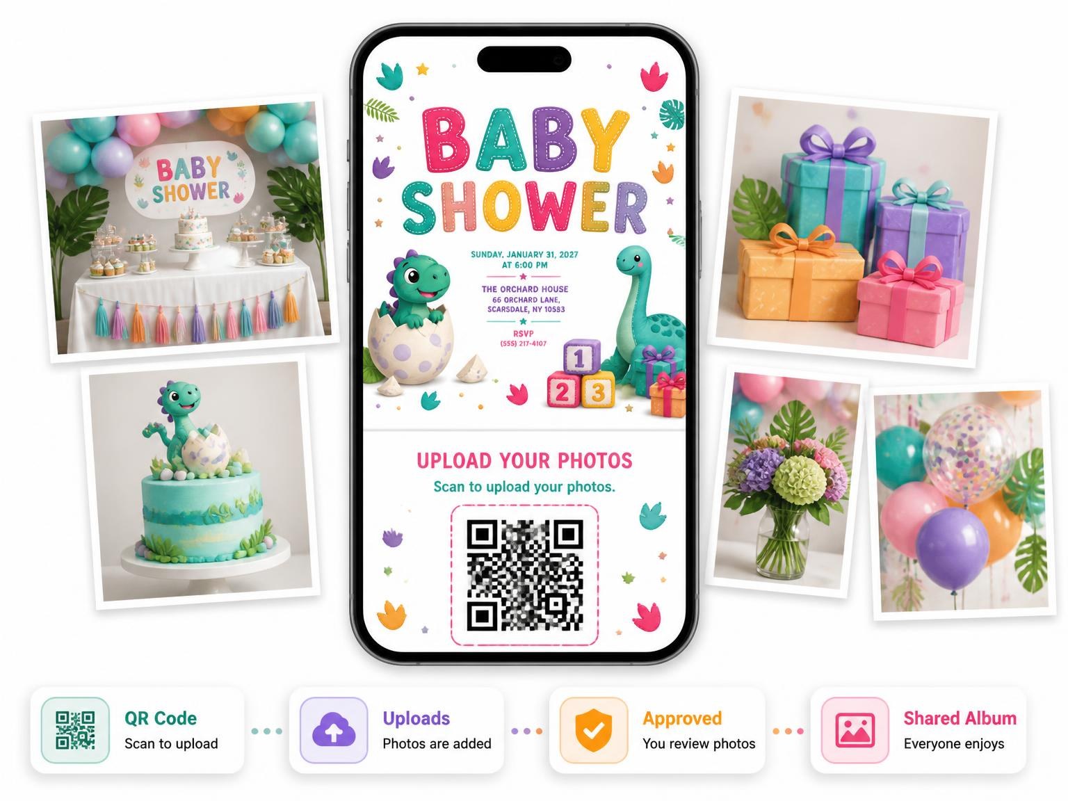 The shared photo gallery that comes with the Baby Dinosaur Baby Shower Invitation invitation