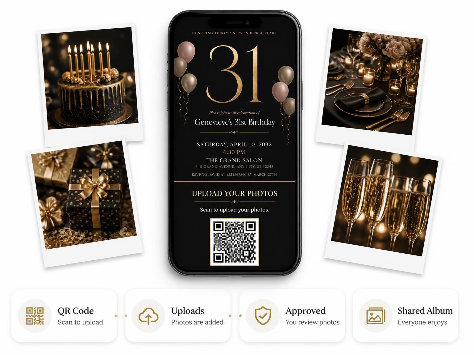 The shared photo gallery that comes with the Charcoal and Blush 31st Birthday Invitation invitation