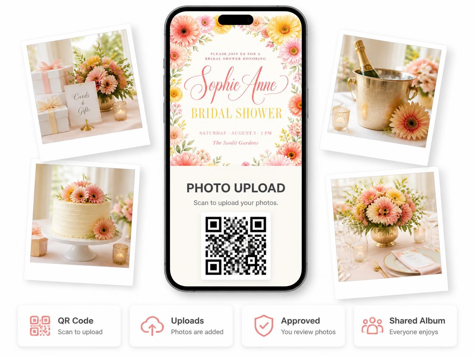 The shared photo gallery that comes with the Watercolor Gerbera Daisy Bridal Shower invitation