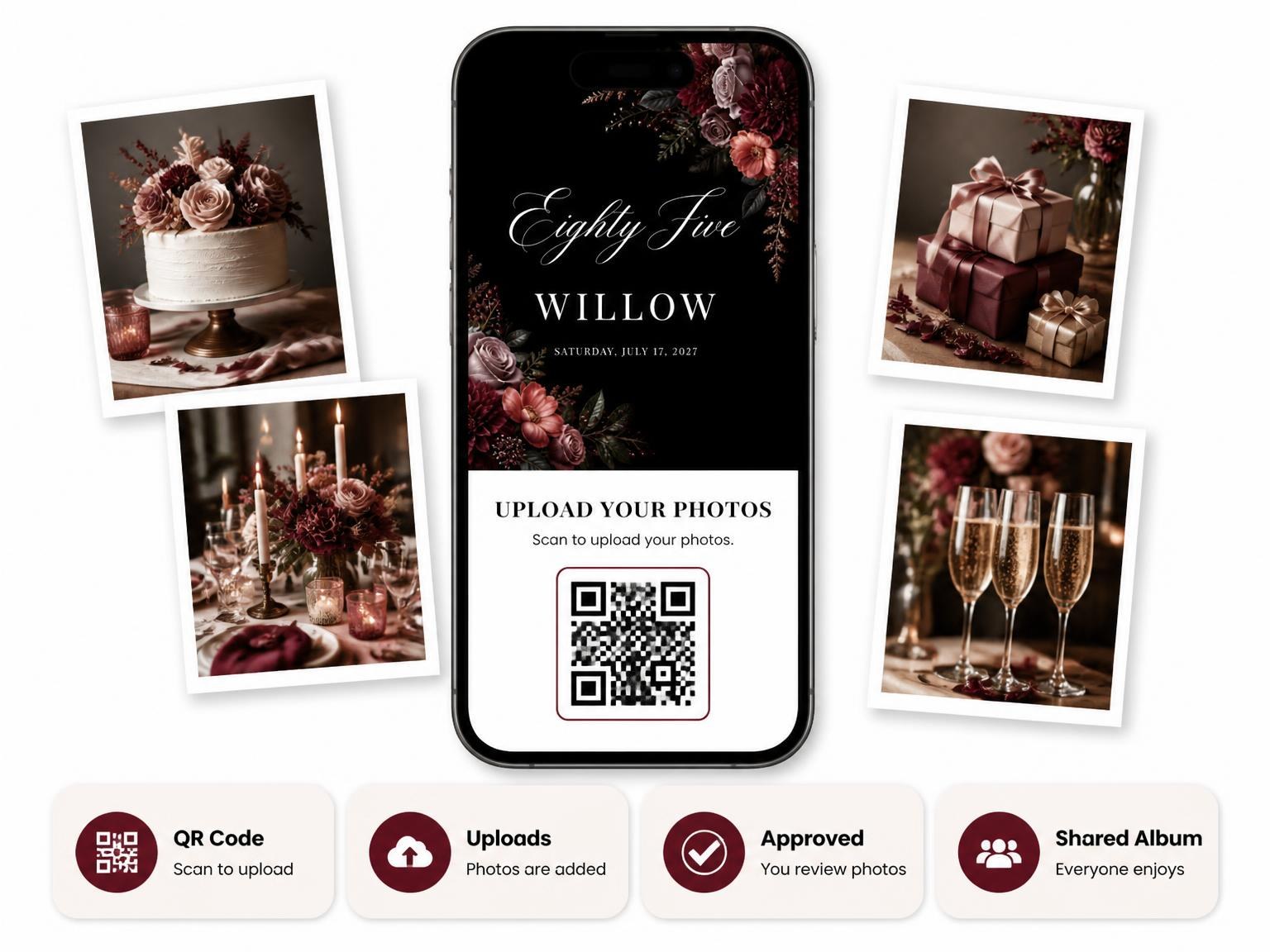 The shared photo gallery that comes with the Black Floral 85th Birthday Invitation invitation