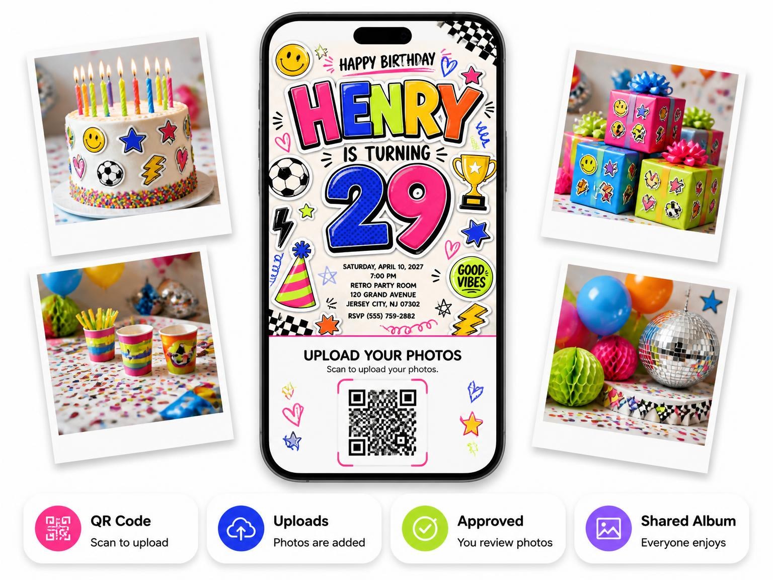 The shared photo gallery that comes with the Sticker Pop 29th Birthday Invitation invitation