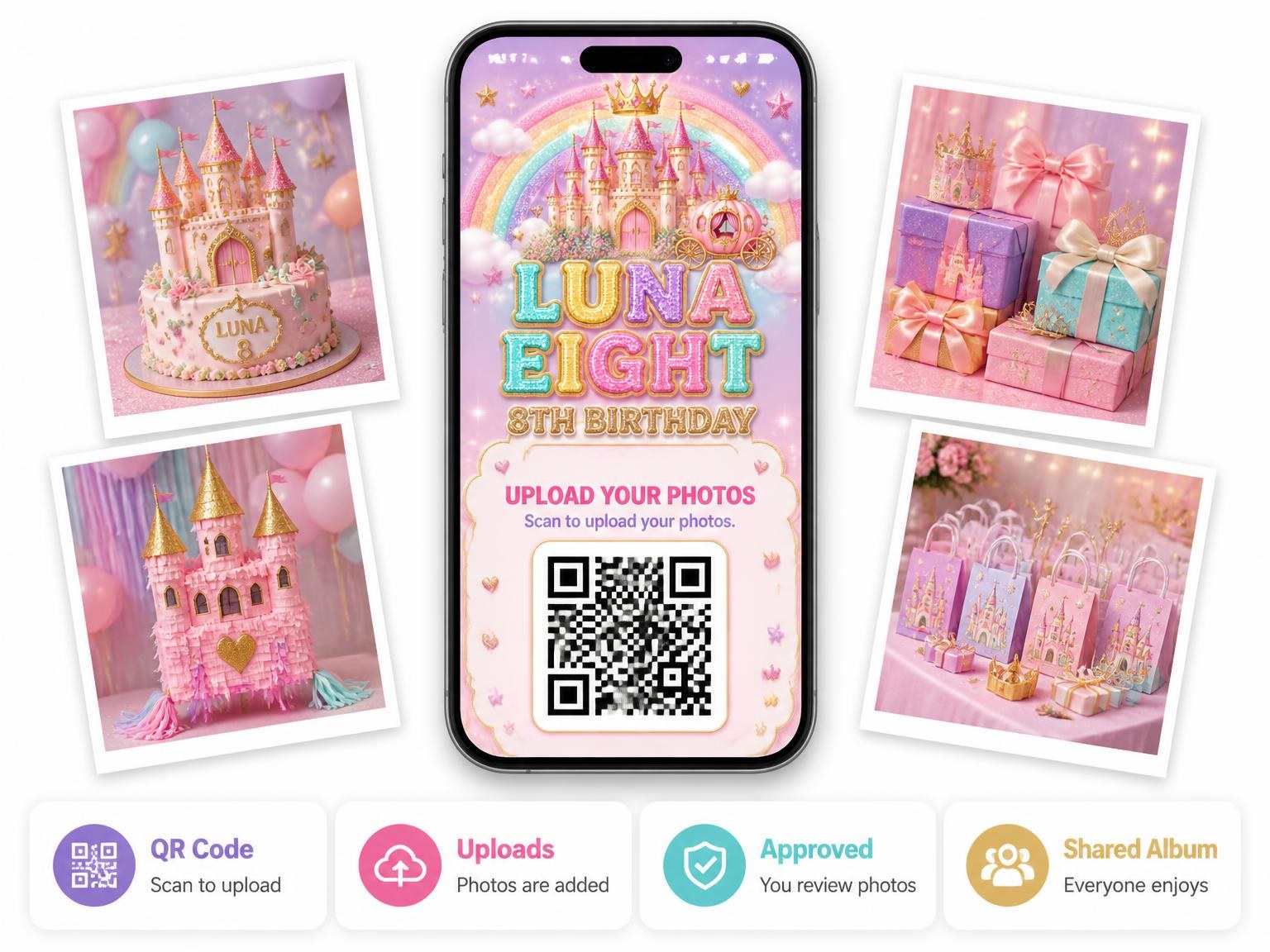 The shared photo gallery that comes with the Glitter Princess Castle 8th Birthday Invitation invitation