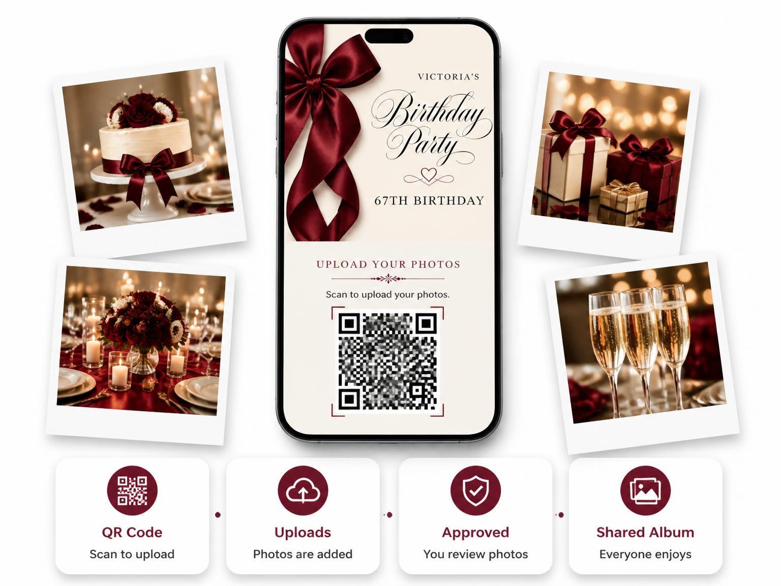 The shared photo gallery that comes with the Burgundy Satin Bow 67th Birthday Invitation invitation