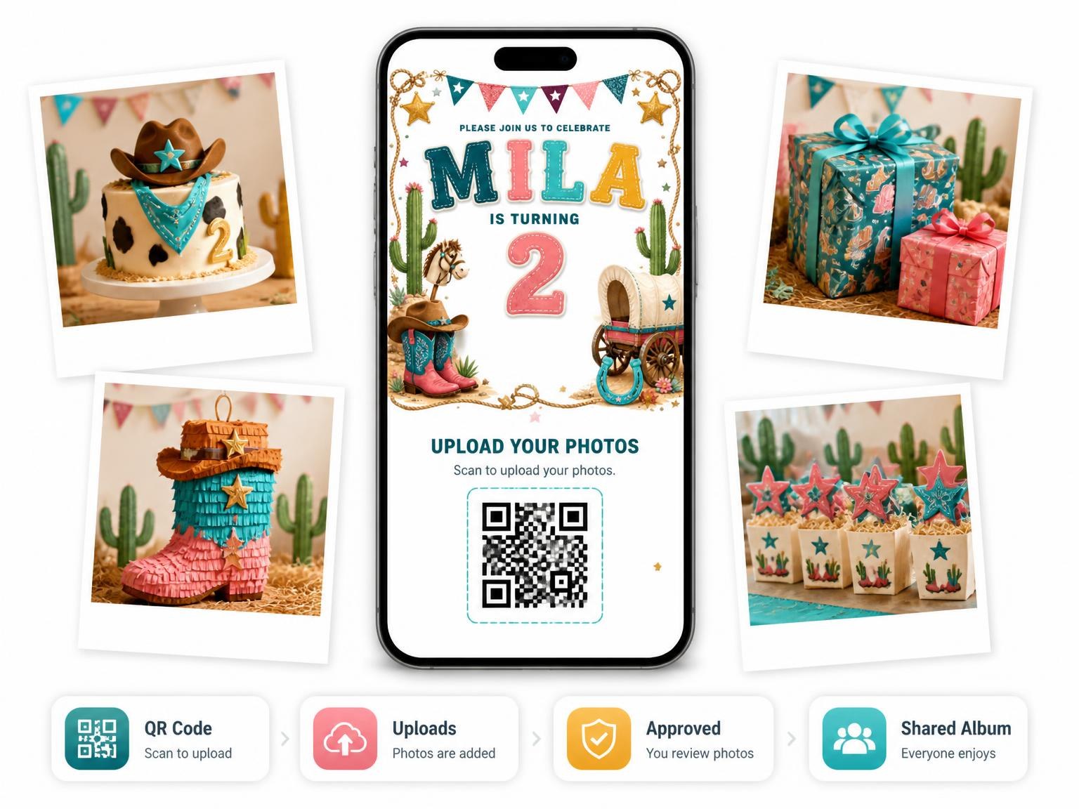 The shared photo gallery that comes with the Stitched Cowboy 2nd Birthday Invitation invitation