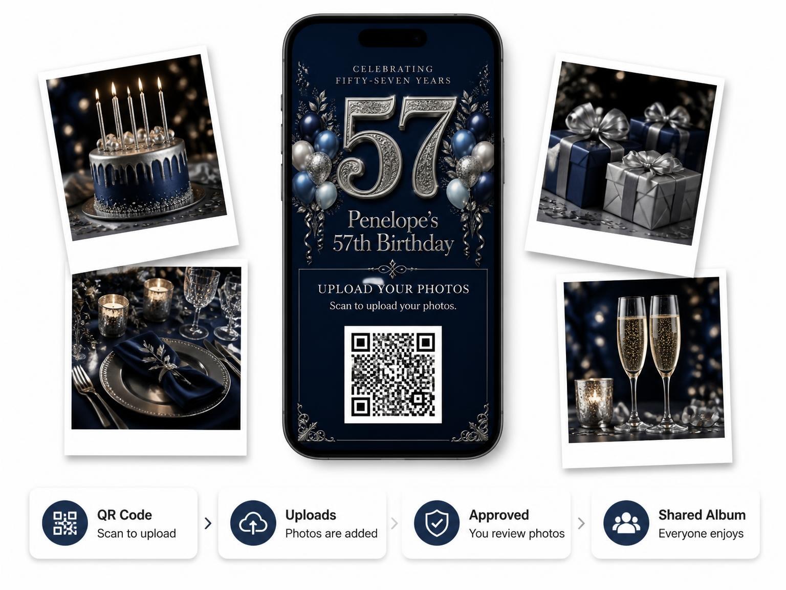 The shared photo gallery that comes with the Navy and Silver 57th Birthday Invitation invitation
