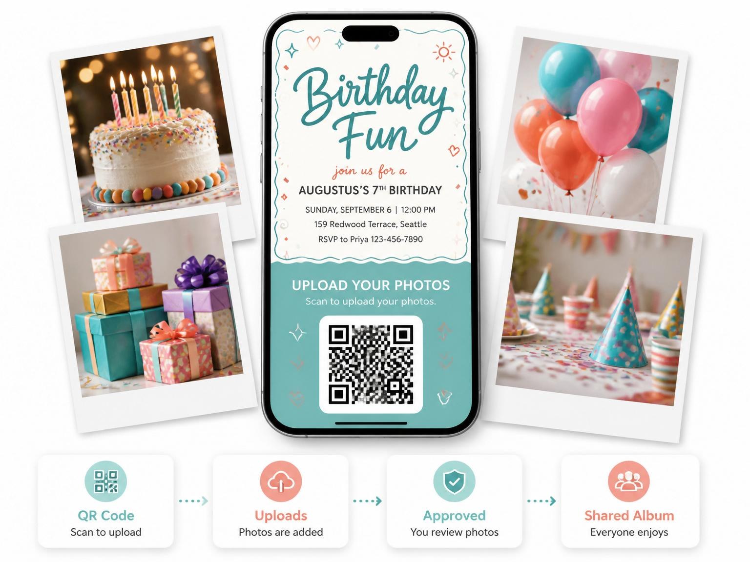The shared photo gallery that comes with the Teal and Orange Doodle 7th Birthday invitation