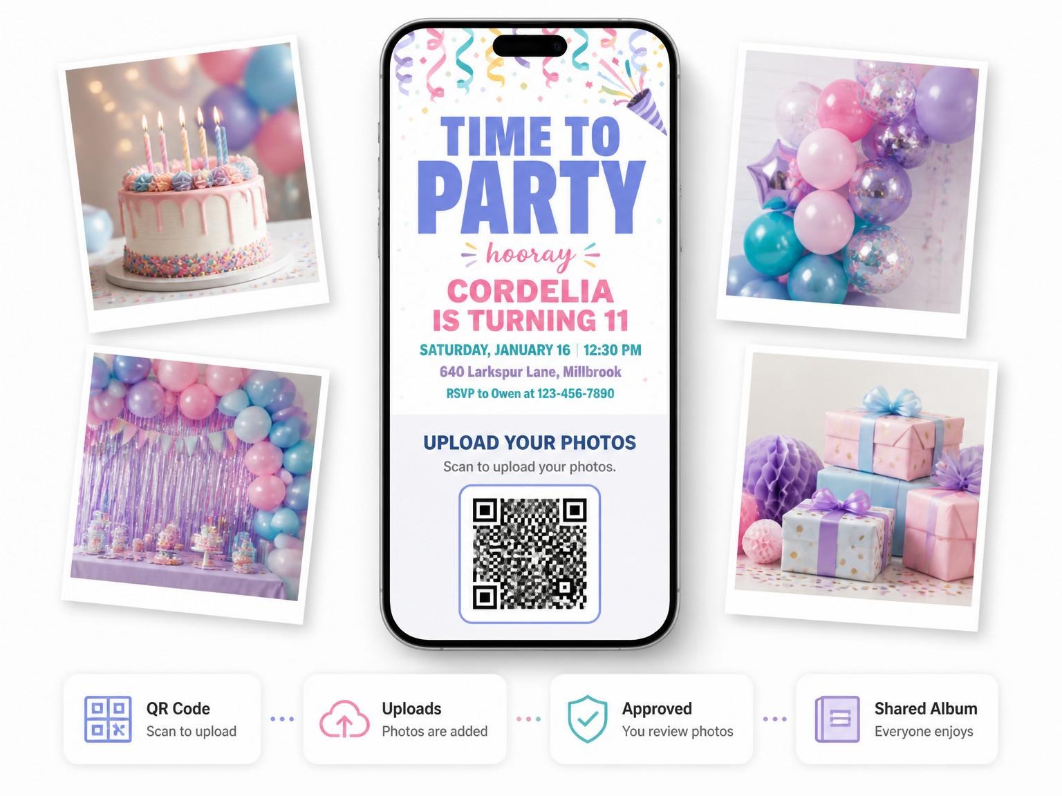 The shared photo gallery that comes with the Pastel Confetti Streamer 11th Birthday Invitation invitation