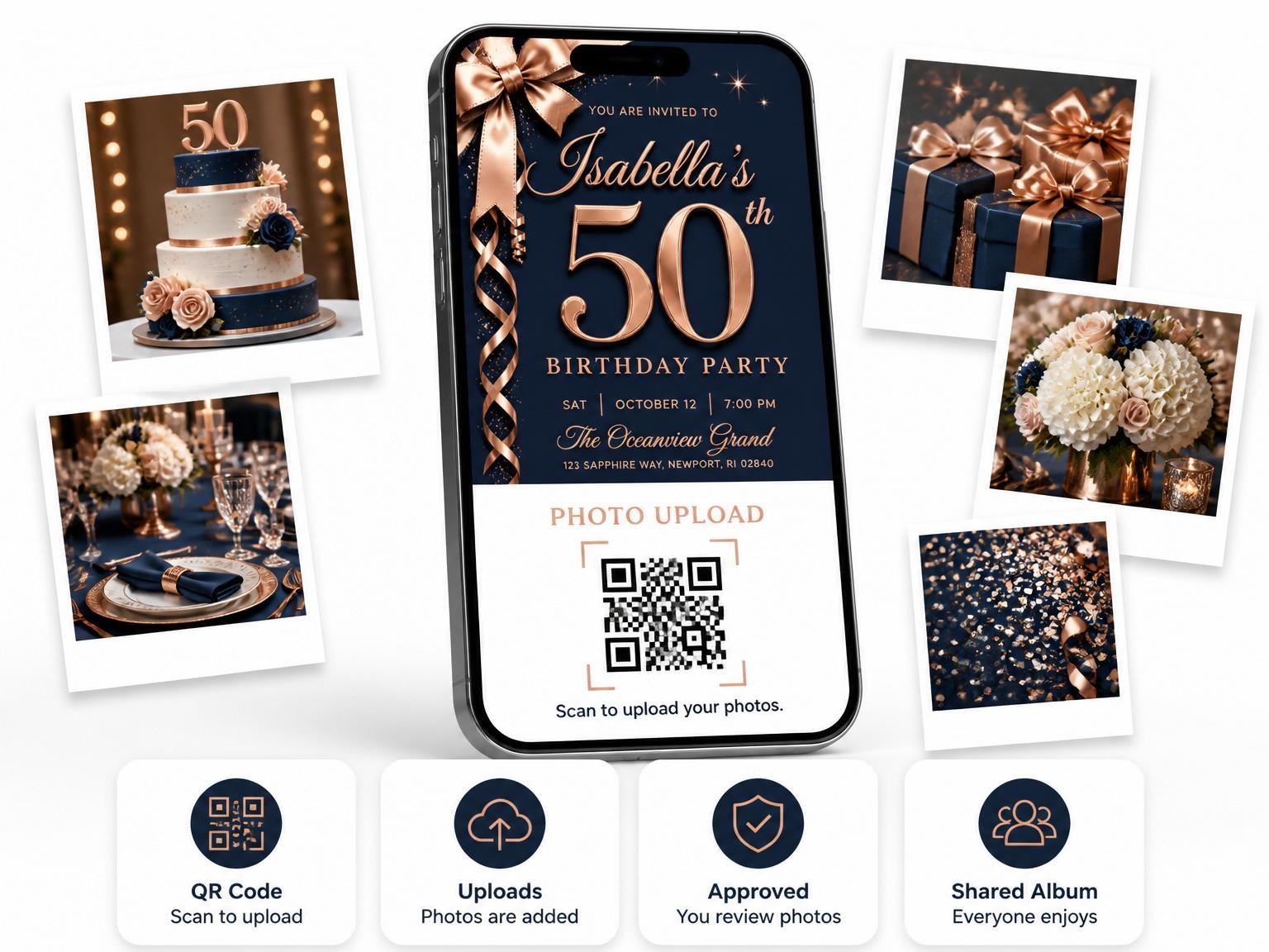 The shared photo gallery that comes with the Navy and Rose Gold Ribbon 50th Birthday invitation