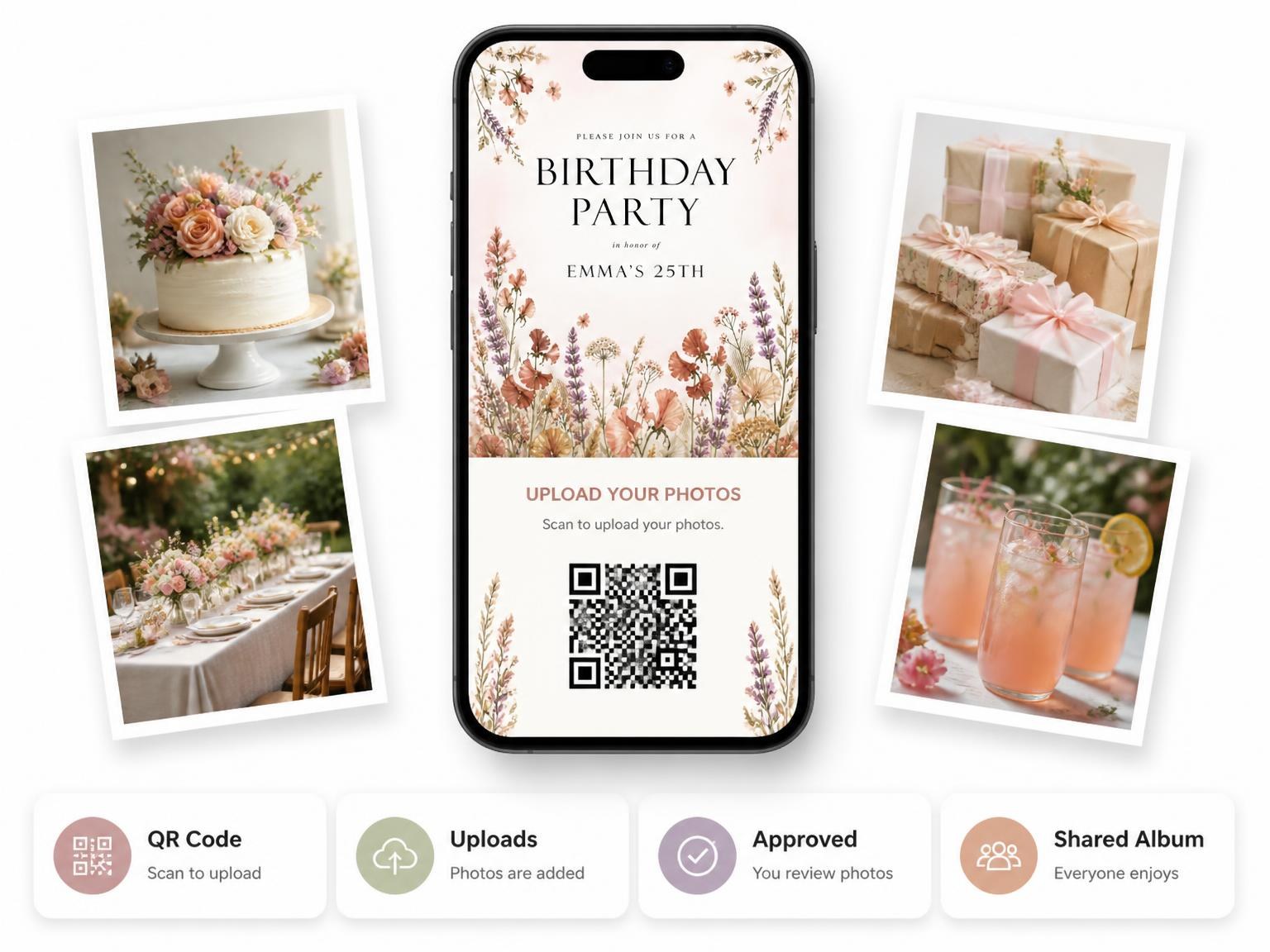 The shared photo gallery that comes with the Botanical Wildflower 25th Birthday Invitation invitation