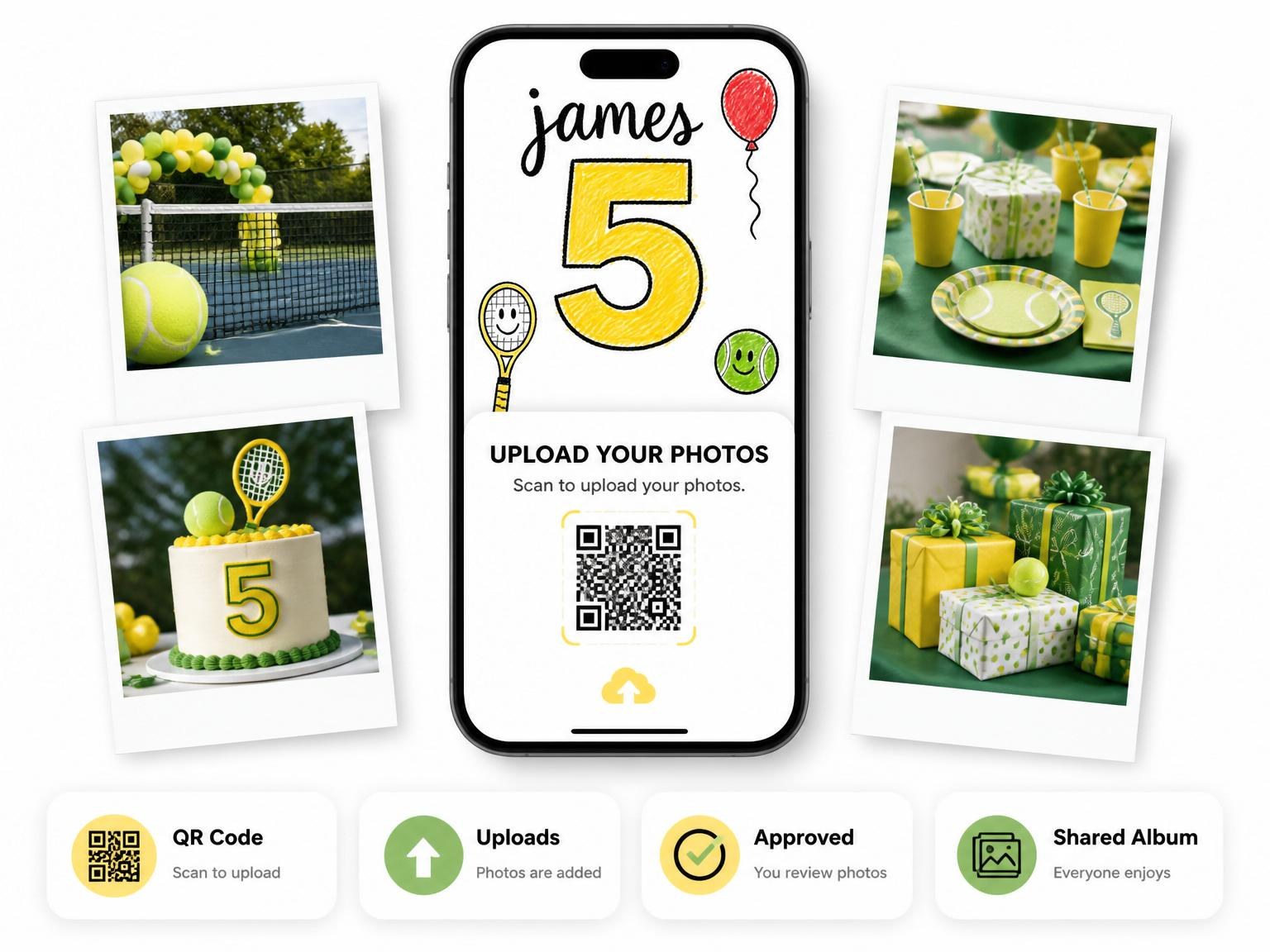 The shared photo gallery that comes with the Crayon Tennis Racket 5th Birthday invitation