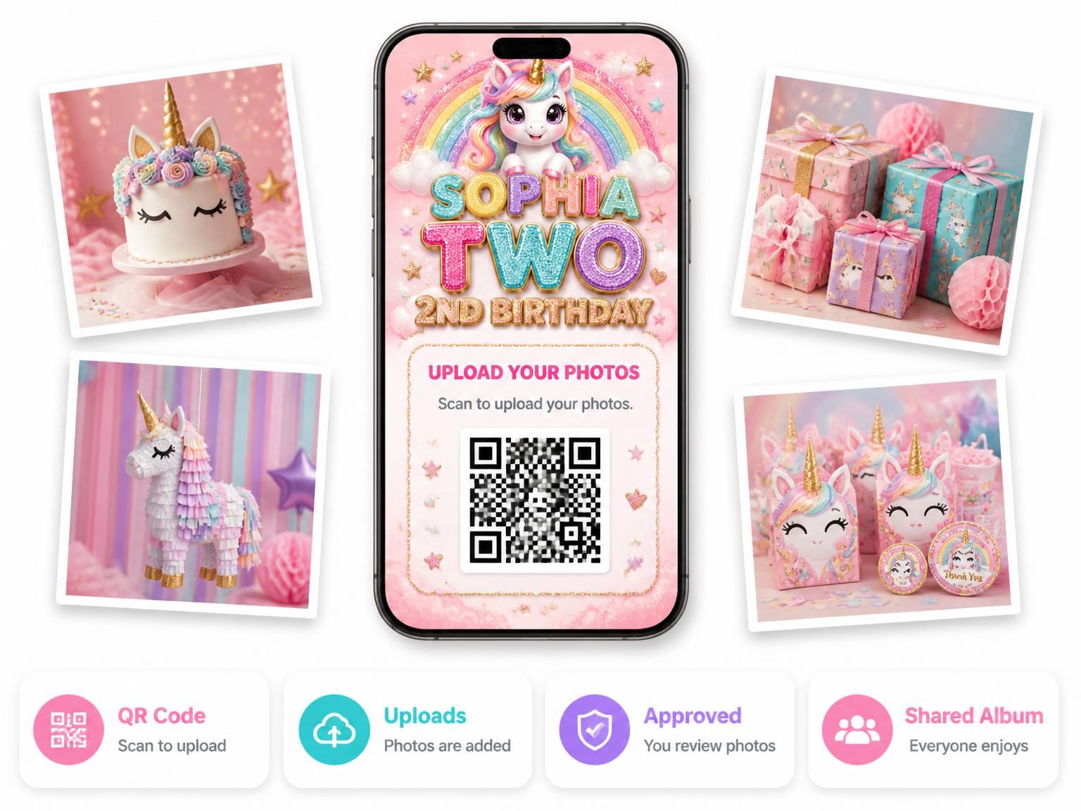 The shared photo gallery that comes with the Glitter Unicorn 2nd Birthday Invitation invitation