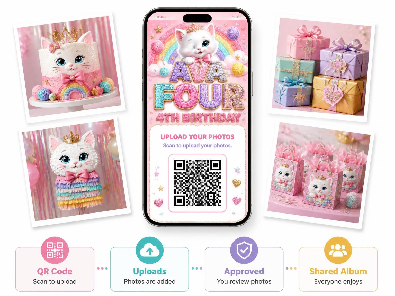 The shared photo gallery that comes with the Glitter Kitty Cat 4th Birthday Invitation invitation
