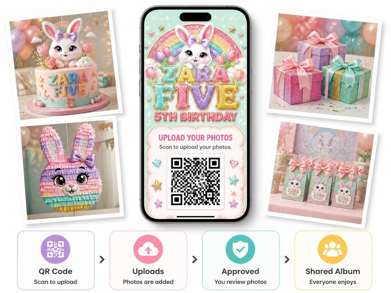 The shared photo gallery that comes with the Glitter Sparkle Bunny 5th Birthday Invitation invitation