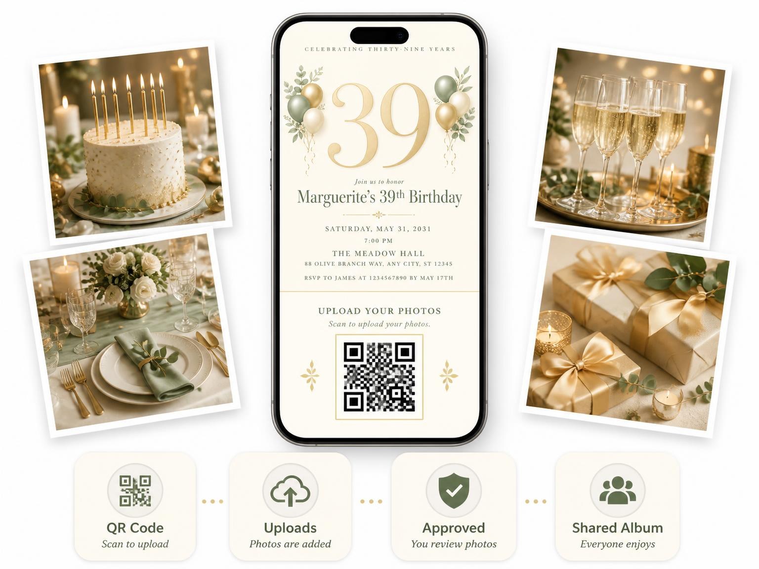 The shared photo gallery that comes with the Sage and Ivory 39th Birthday Invitation invitation