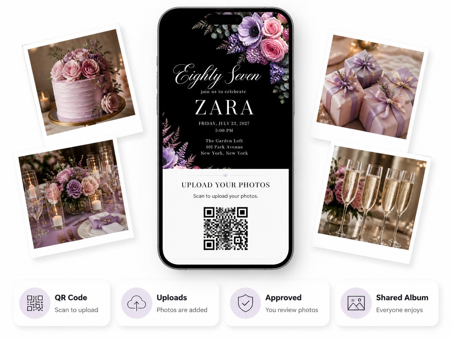 The shared photo gallery that comes with the Black Floral 87th Birthday Invitation invitation