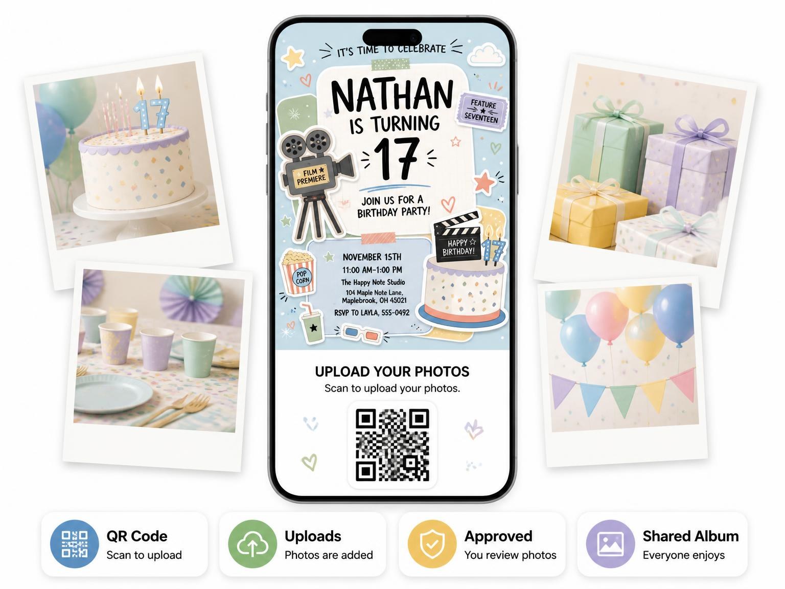 The shared photo gallery that comes with the Movie Camera Pastel 17th Birthday Invitation invitation