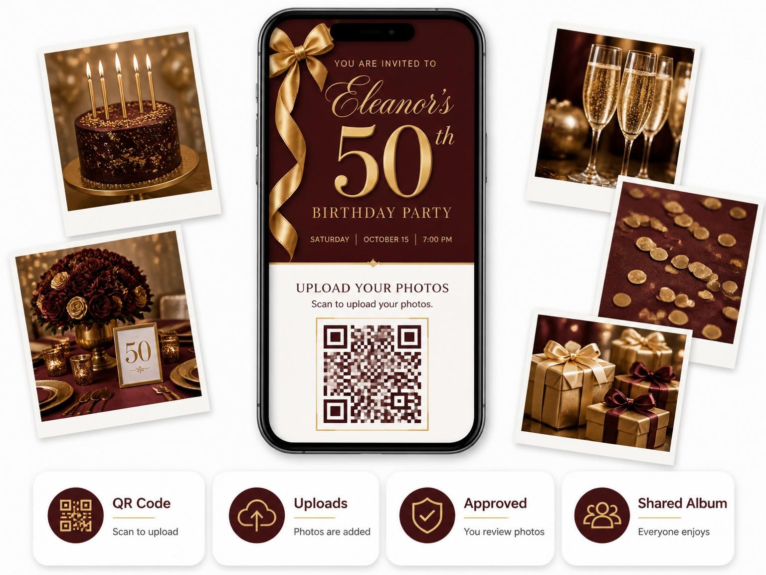 The shared photo gallery that comes with the Burgundy Gold Ribbon 50th Birthday invitation