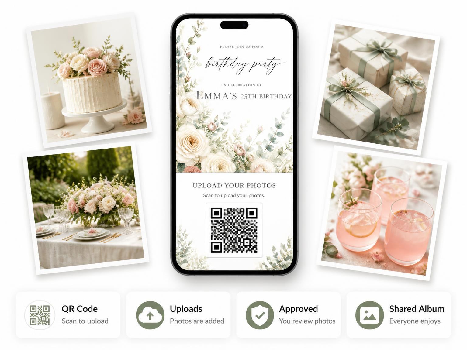 The shared photo gallery that comes with the Garden Ivory 25th Birthday Invitation invitation