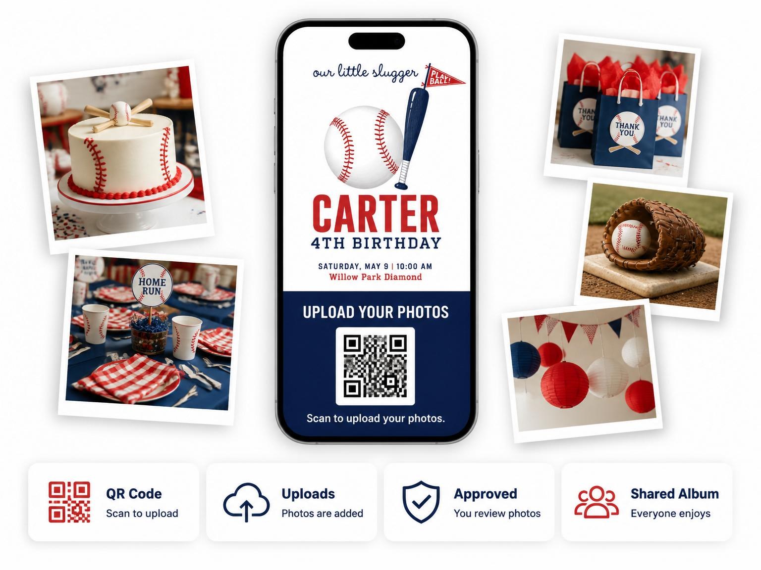 The shared photo gallery that comes with the Red and Navy Baseball Birthday invitation