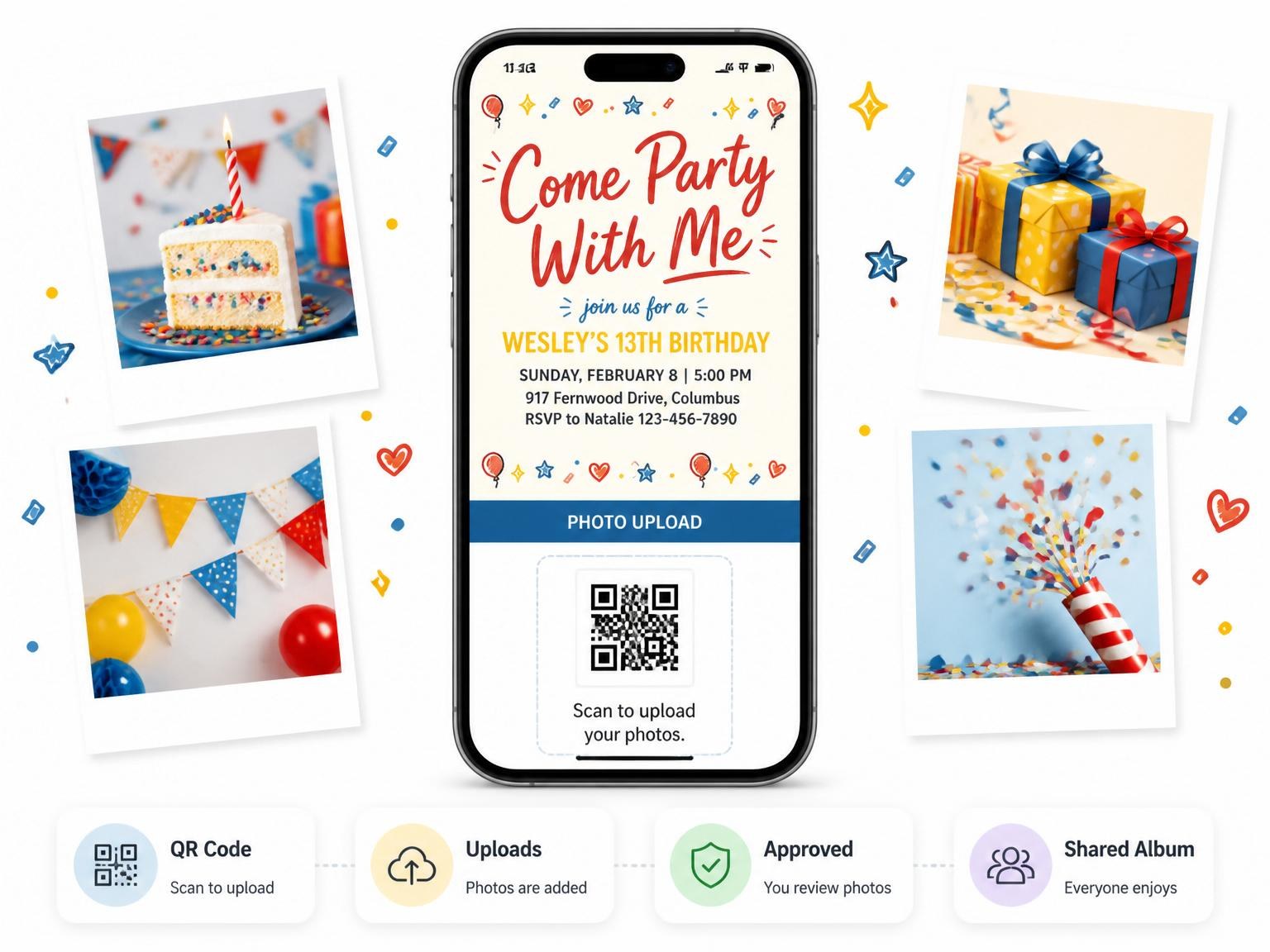 The shared photo gallery that comes with the Red Yellow Blue Doodle 13th Birthday invitation
