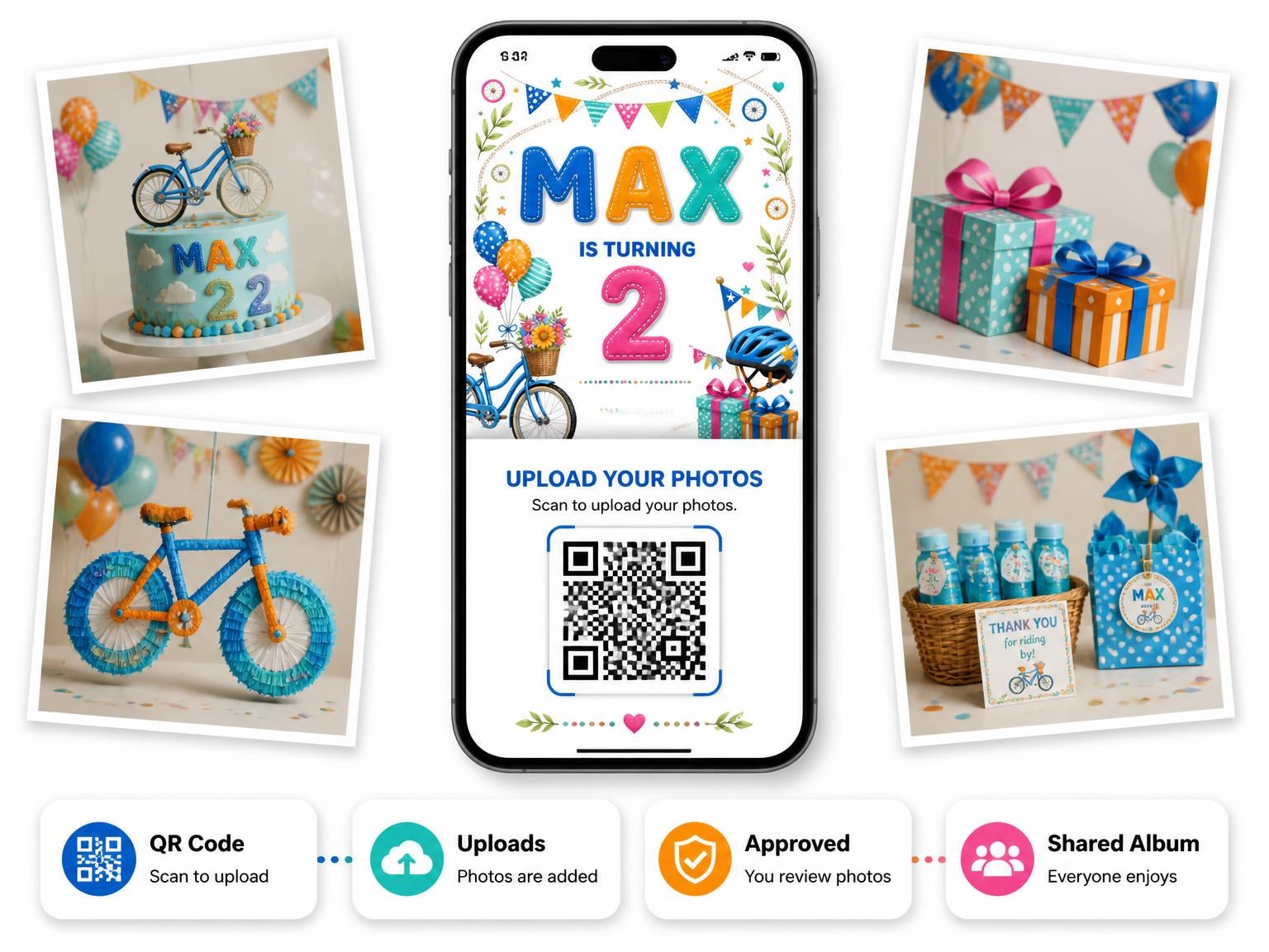 The shared photo gallery that comes with the Stitched Bike Ride 2nd Birthday Invitation invitation
