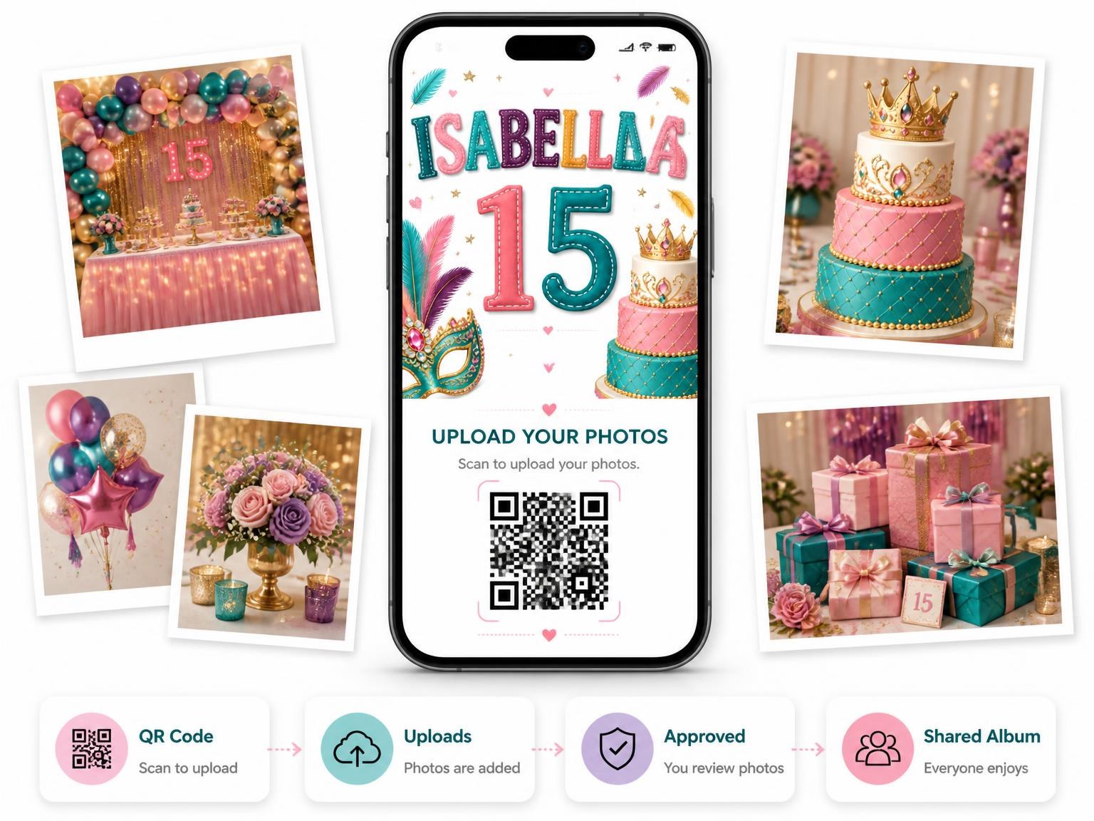 The shared photo gallery that comes with the Masquerade Mask Quinceañera Invitation invitation