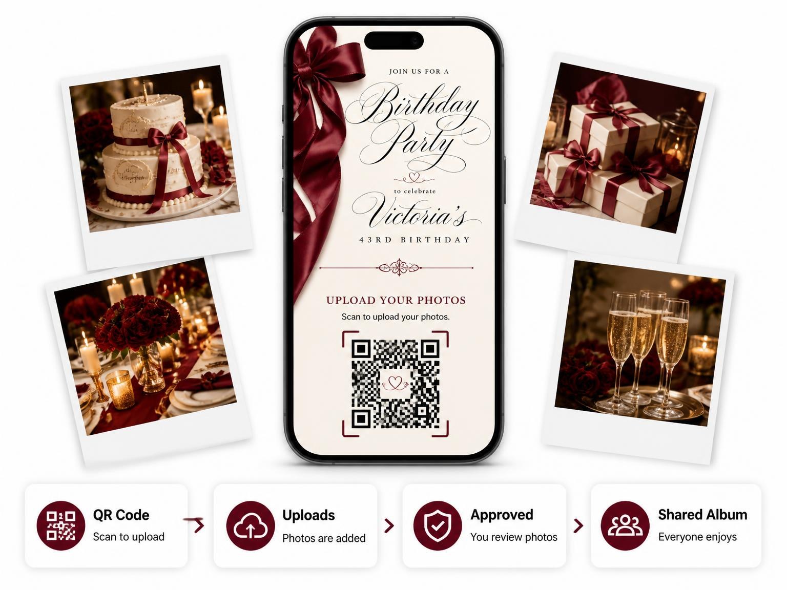 The shared photo gallery that comes with the Burgundy Satin Bow 43rd Birthday Invitation invitation