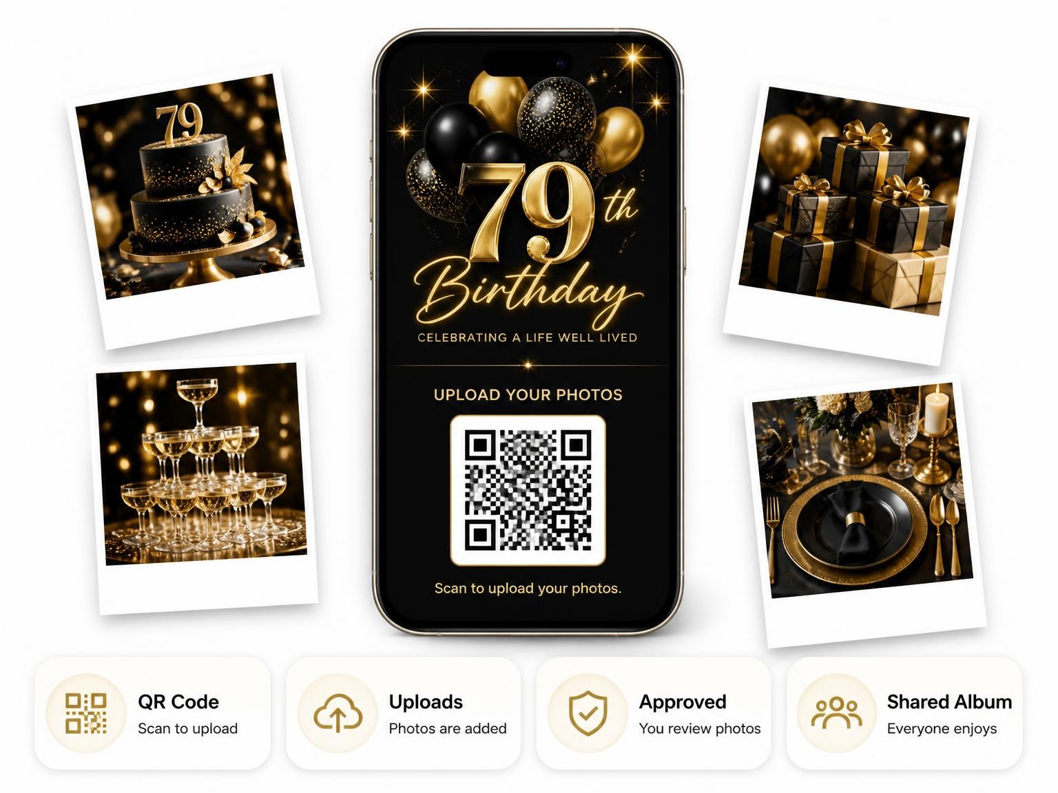The shared photo gallery that comes with the Black and Gold Balloon 79th Birthday invitation