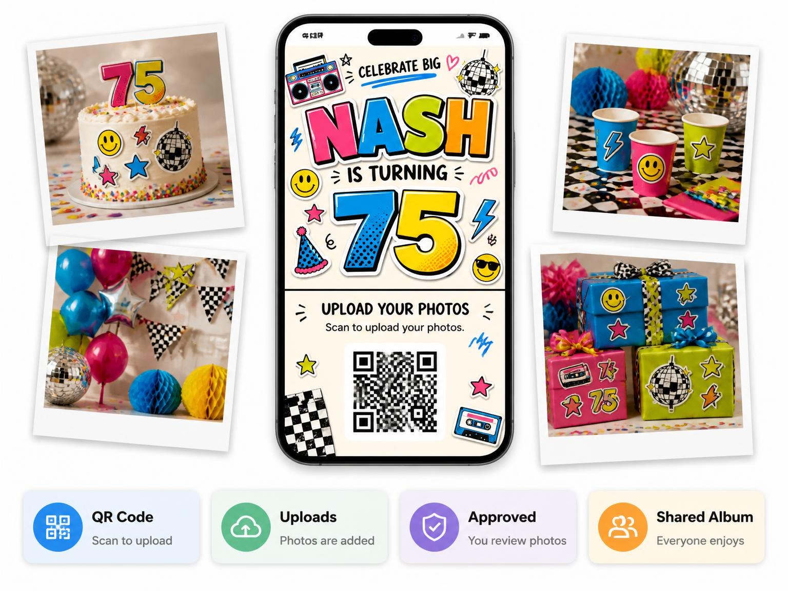 The shared photo gallery that comes with the Sticker Pop 75th Birthday Invitation invitation