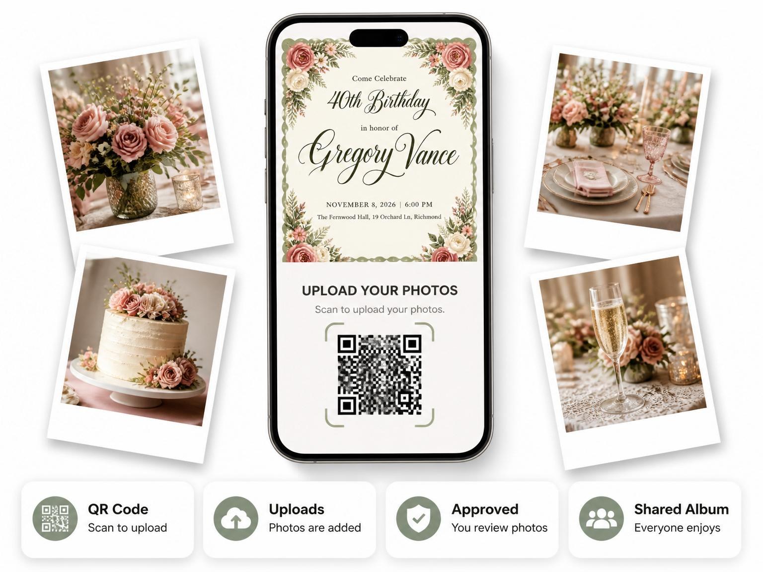 The shared photo gallery that comes with the Watercolor Rose Fern 40th Birthday Invitation invitation