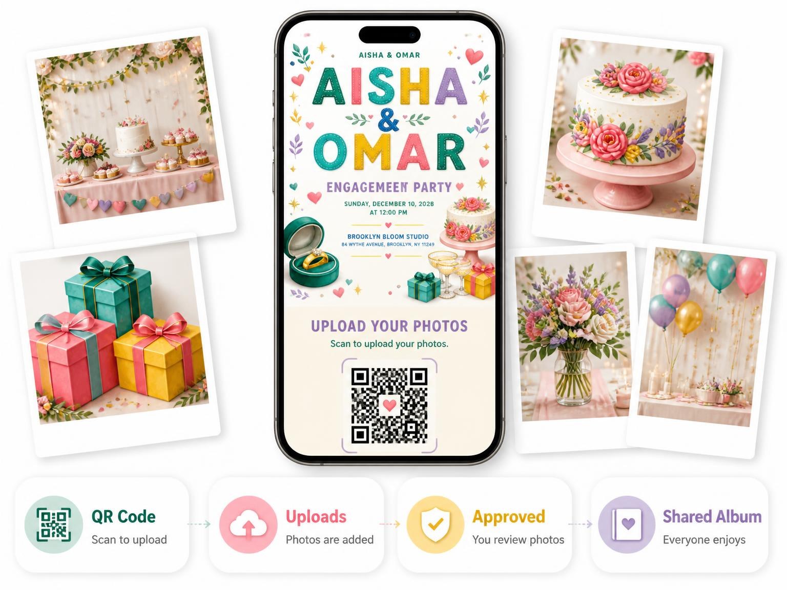 The shared photo gallery that comes with the Floral Engagement Party Invitation invitation