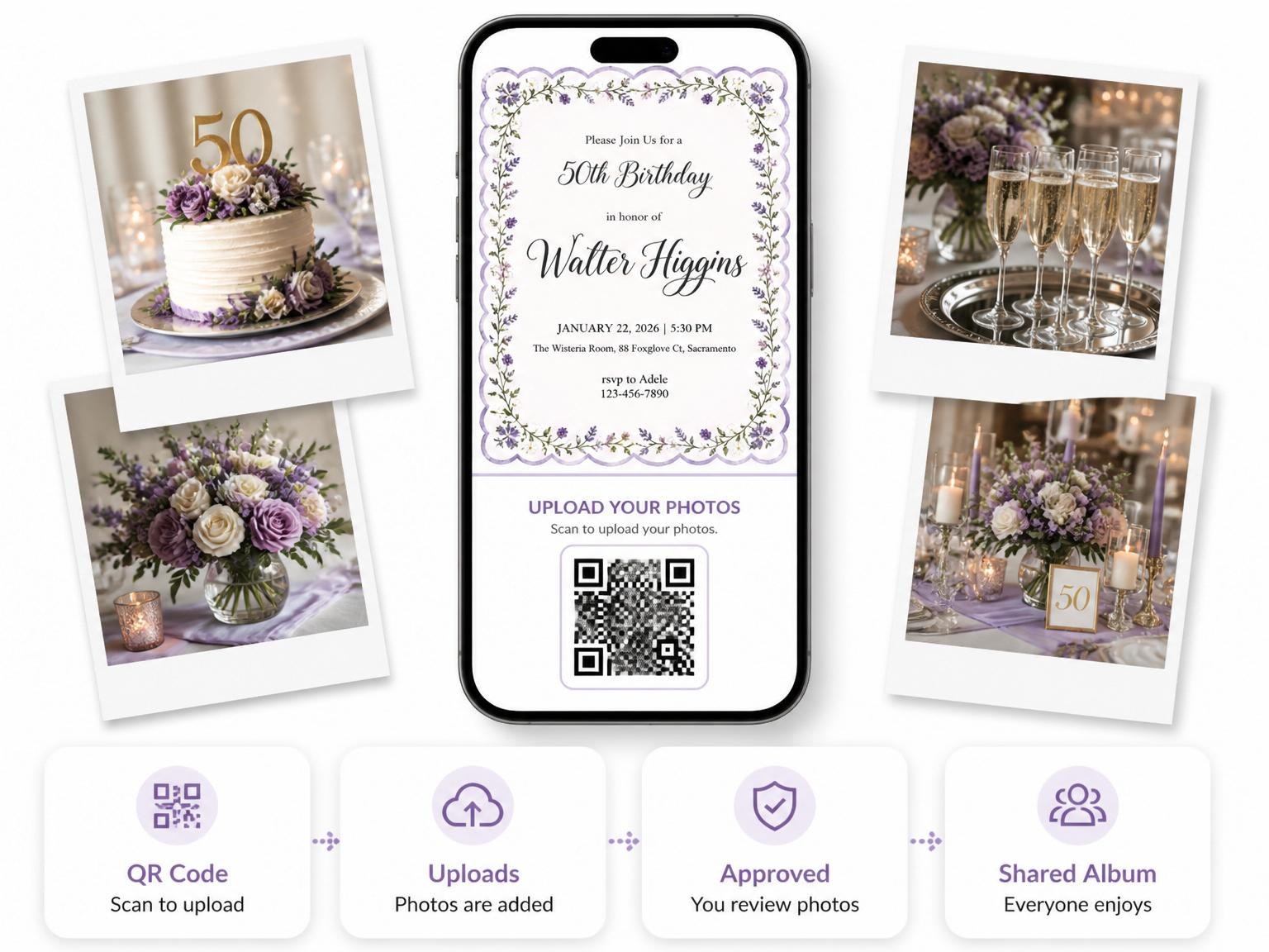 The shared photo gallery that comes with the Watercolor Wisteria Border Birthday Invitation invitation