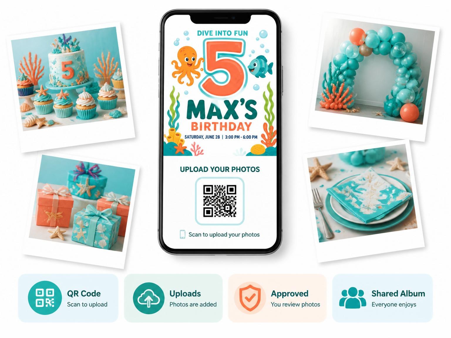 The shared photo gallery that comes with the Underwater Octopus Coral Reef 5th Birthday invitation