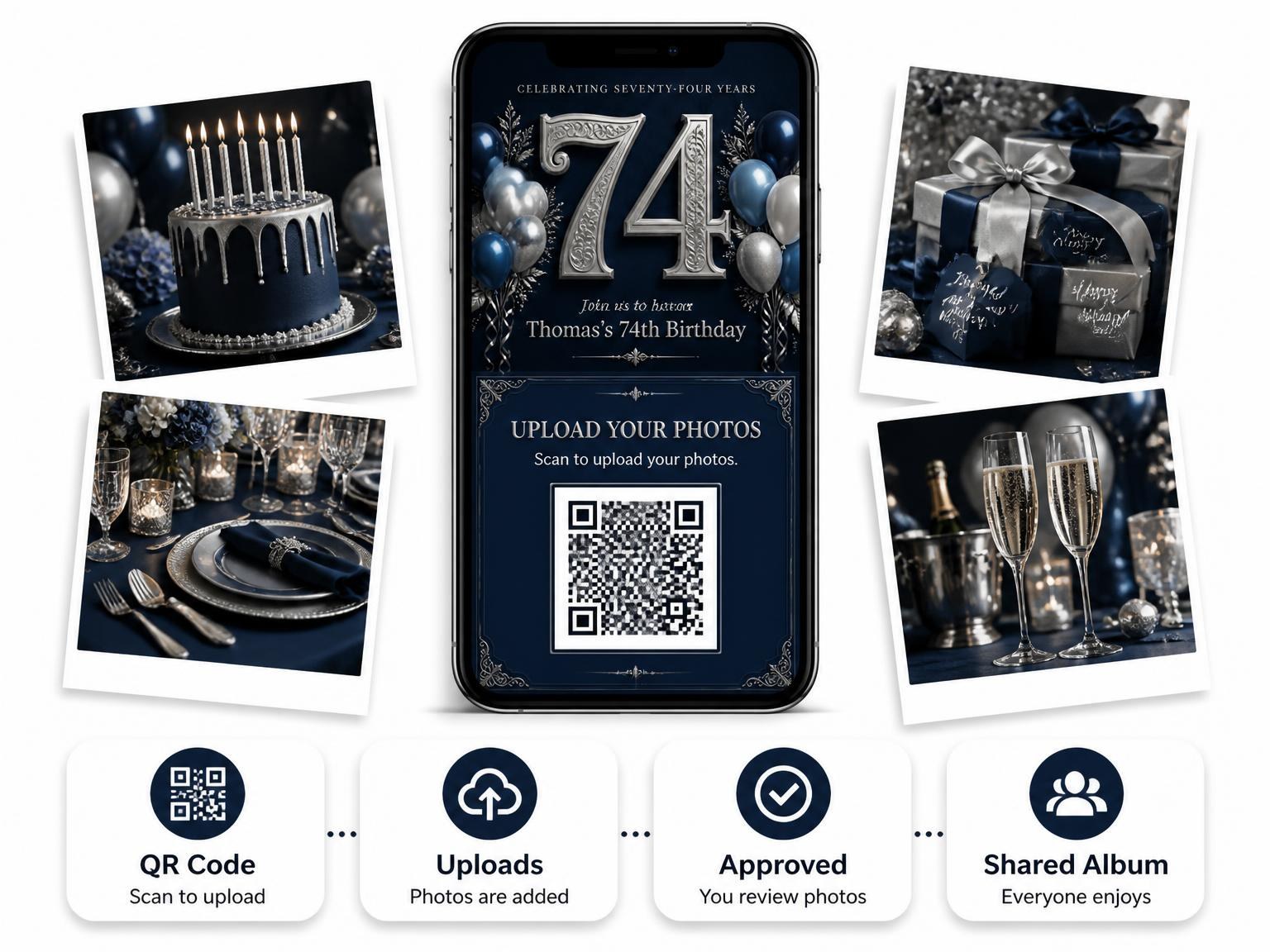 The shared photo gallery that comes with the Navy and Silver 74th Birthday Invitation invitation