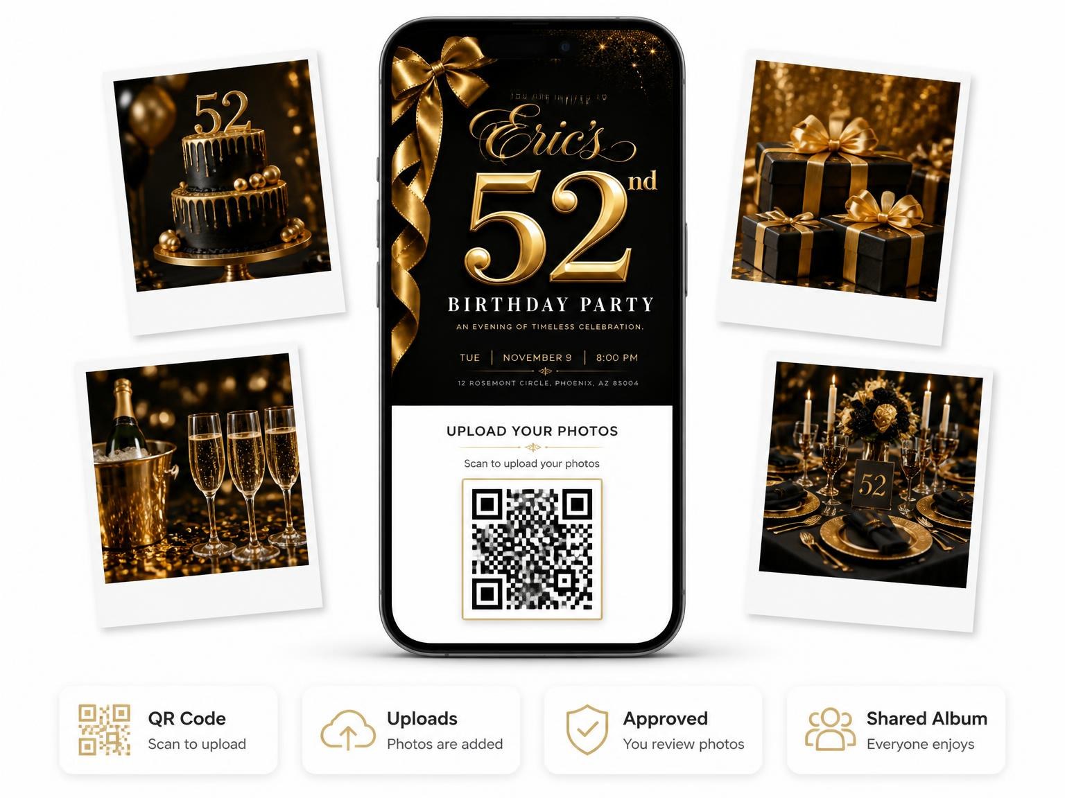 The shared photo gallery that comes with the Black and Gold Ribbon 52nd Birthday invitation