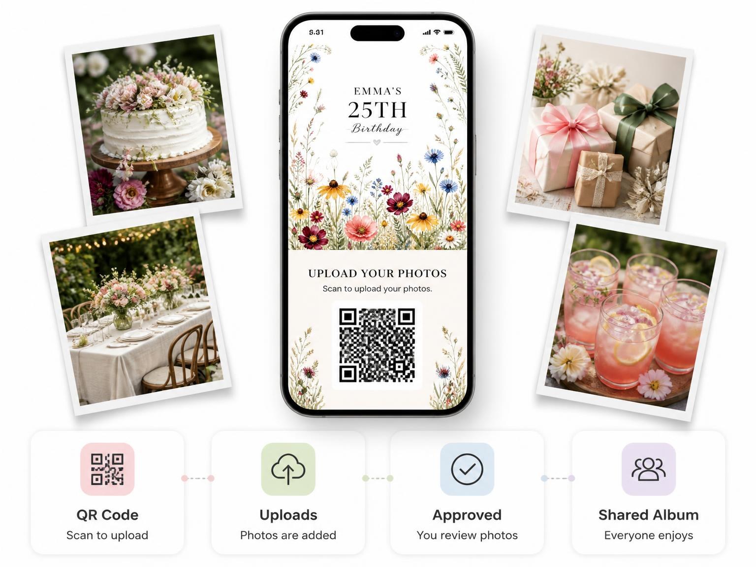 The shared photo gallery that comes with the Golden Wildflower Meadow Botanical 25th Birthday Invitation invitation