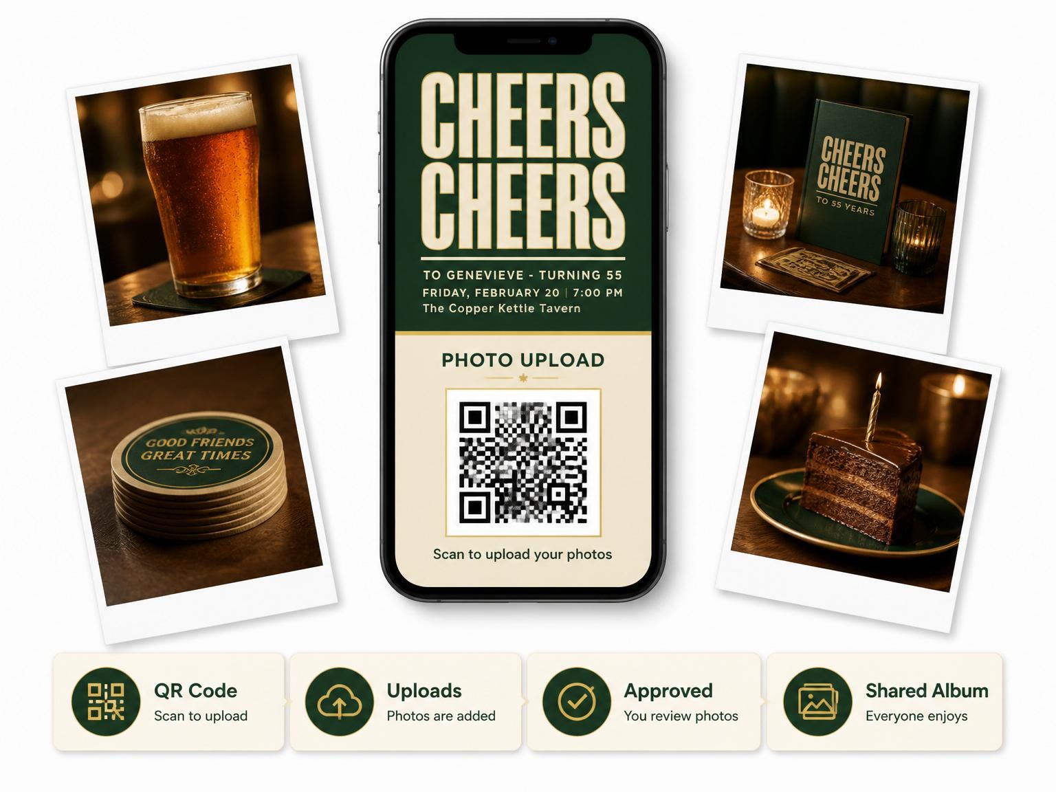 The shared photo gallery that comes with the Deep Green Tavern Pub 55th Birthday invitation