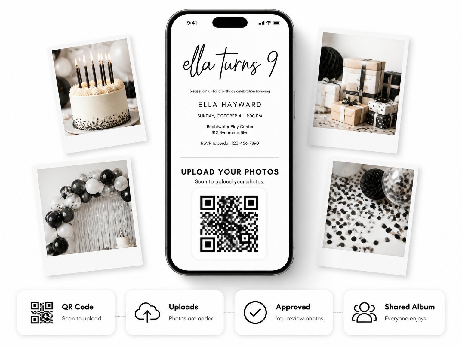 The shared photo gallery that comes with the Minimalist Black and White Birthday Invitation invitation
