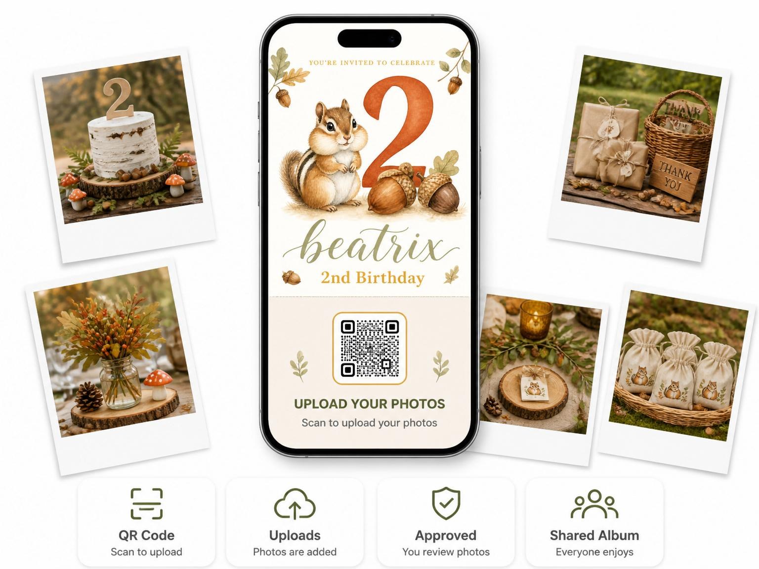 The shared photo gallery that comes with the Watercolor Chipmunk Autumn 2nd Birthday invitation