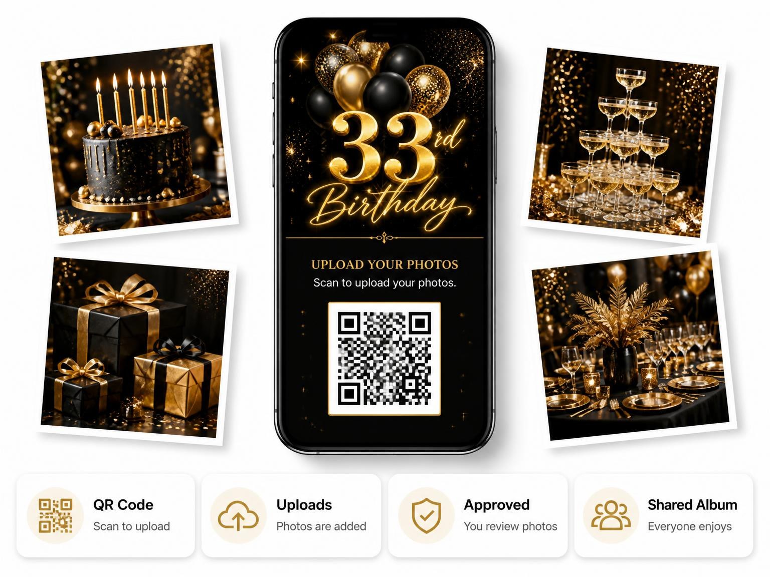 The shared photo gallery that comes with the Black and Gold Balloon 33rd Birthday invitation