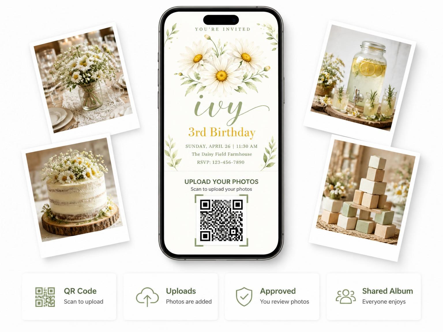 The shared photo gallery that comes with the Watercolor Daisy Field 3rd Birthday Invitation invitation