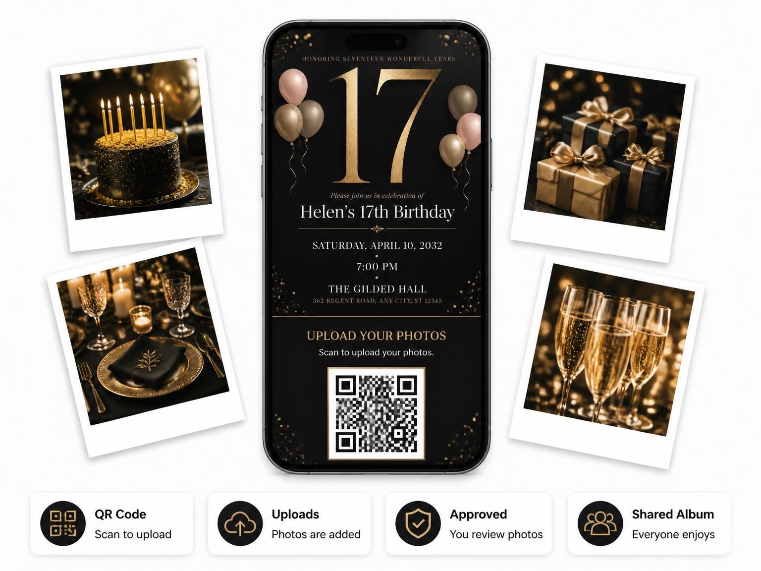 The shared photo gallery that comes with the Charcoal and Blush 17th Birthday Invitation invitation