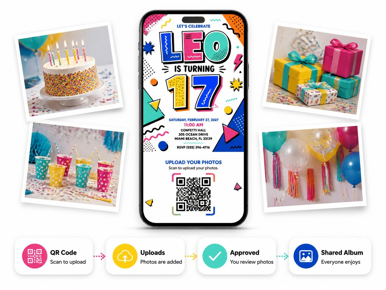 The shared photo gallery that comes with the Memphis Pop 17th Birthday Invitation invitation