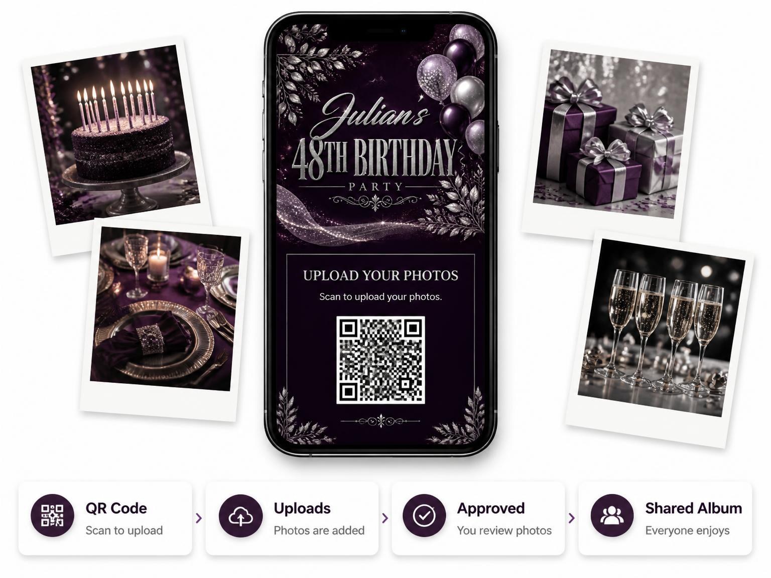 The shared photo gallery that comes with the Plum and Silver 48th Birthday Invitation invitation